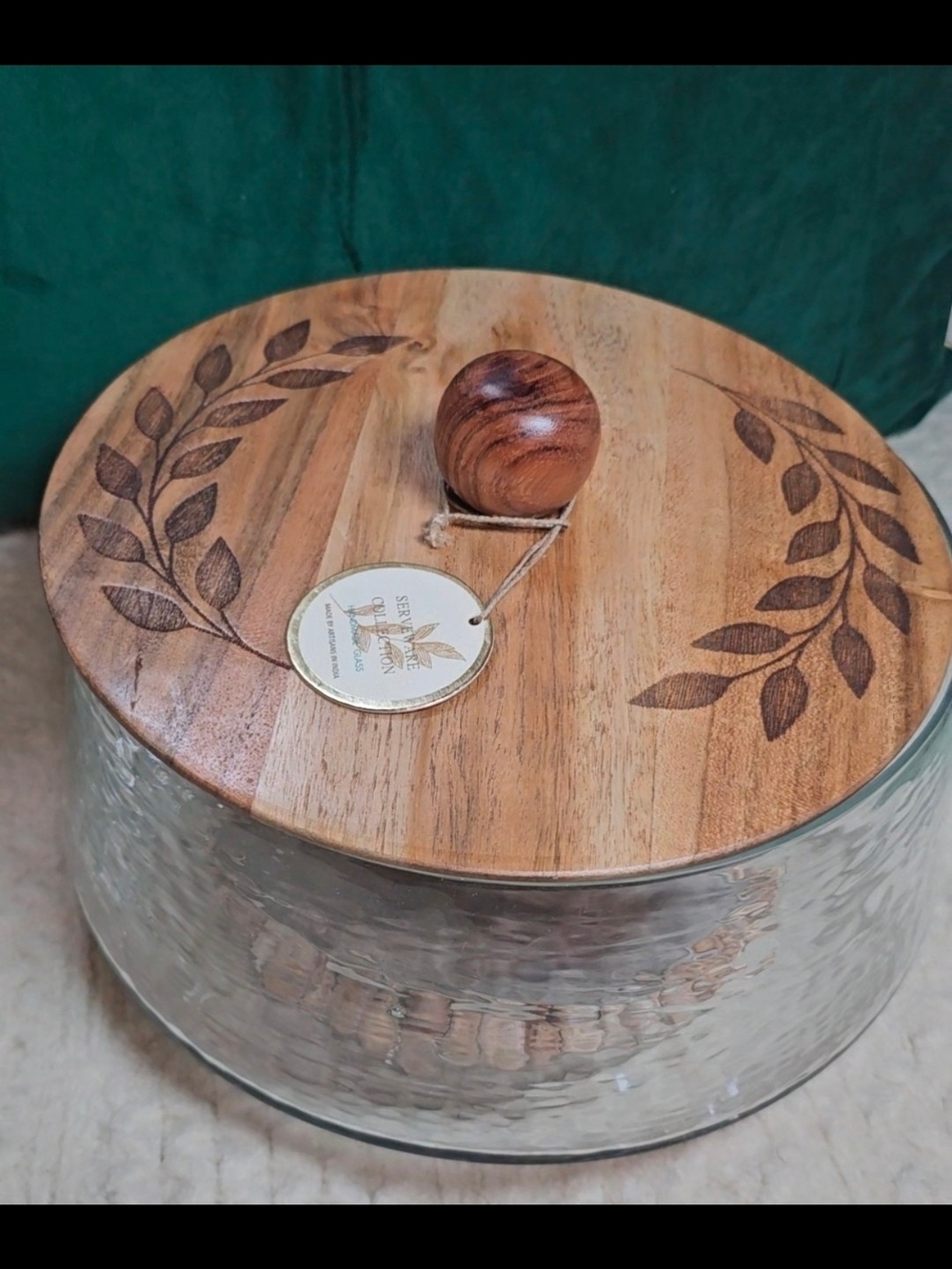 Serveware large glass wooden lid w leaf storage serving bread bowl VIRAL htf